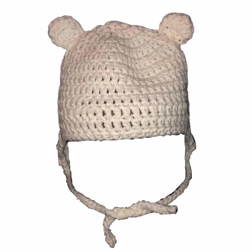 Hand made white crochet baby hat with ears